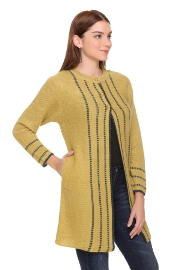 CLAPTON Women Round Neck Yellow Full Sleeve With Pocket Wool Cardigan (Outer Long) - L, Yellow, Wool, Pack of1